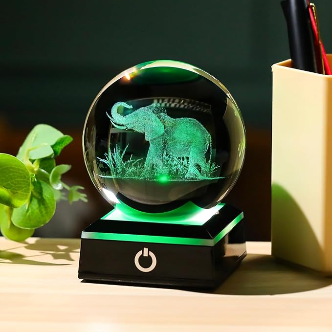 Arikyrist 3D Crystal Ball Elephant Figurine with Colorful Light Base, Laser Elephant Gifts for Women Men, Glass Elephants Statue Decorative Ball for Home Office (80mm)