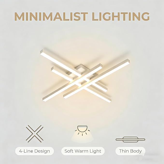 Modern 24in LED Ceiling Light, Minimalist Linear Geometric Flush Mount, 3000K Warm White Ceiling Lamp for Living Room Bedroom Kitchen Dining Room Office