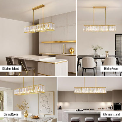 Siljoy Gold Crystal Chandelier for Dining Room, 7-Light Modern Rectangular K9 Crystal Raindrop Chandelier Pendant Ceiling Light Fixture for Living Room Kitchen Island, L47'' x W8.6'' x H8.6''