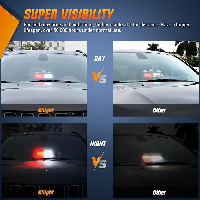 Nilight Red and White Emergency Strobe Lights Windshield Hazard Warning Safety Flash with Suction Cups Super Bright LED Light for Police Enforcement Firefighters Vehicle Truck