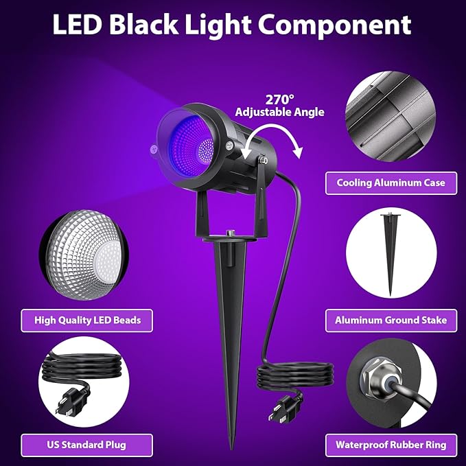 Onforu 18W Black Light Spotlight Outdoor, IP65 Waterproof Blacklight Spot Lights, 385-400nm Wavelength, Plug-in Halloween Black Lights for Glow Party, Body Paint, Stage Lighting, Neon Decor (1 Pack)