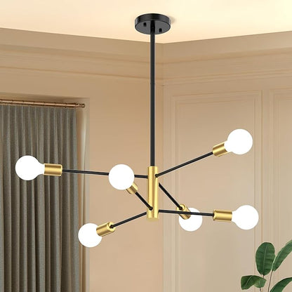 Modern Sputnik Chandeliers for Dining Room, Height Adjustable Semi Flush Black and Gold Chandelier Ceiling Mount Light Fixture 6-Light Mid Century for Living Room, Kitchen Island, Bedroom