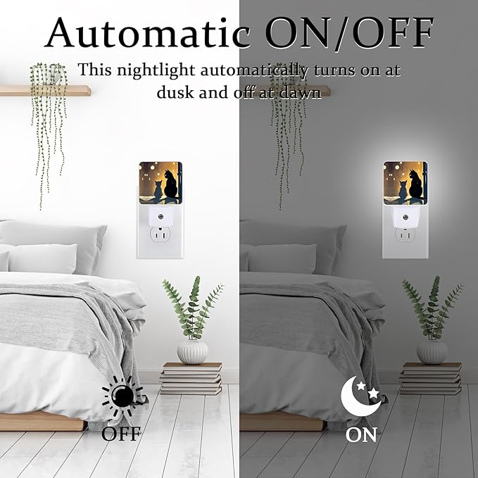 Cat Silhouette Night Light, Plug-into Wall Two Black Cat Nightlight Lamp with Dusk to Dawn Sensor, Led Lamp 0.5W Energy Efficient for Boys Girls Adults Home Decor