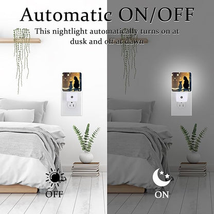 Cat Silhouette Night Light, Plug-into Wall Two Black Cat Nightlight Lamp with Dusk to Dawn Sensor, Led Lamp 0.5W Energy Efficient for Boys Girls Adults Home Decor