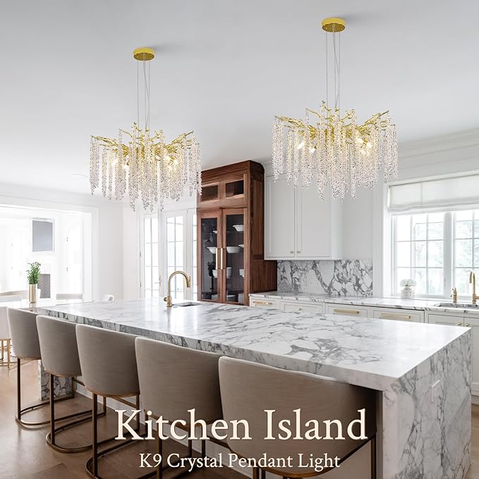 Benkut Modern Tree Branch Crystal Chandelier Luxury Gold Raindrop Pendant Lighting 23.6" Contemporary 8-Light Chandeliers for Dining Room Kitchen Bedroom Living Room