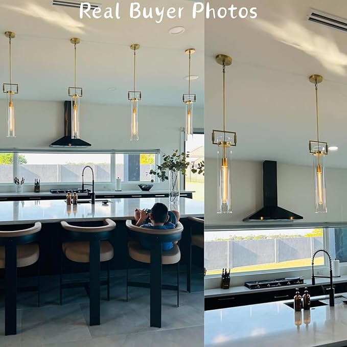 Modern Gold Pendant Light, 21'' Pendant Lights Kitchen Island Large, Adjustable Height Brass Pendant Light Glass Pendant Light Fixtures, for Dinning Room Farmhouse Bedroom Bathroom