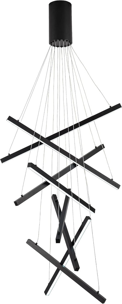 Modern Led Chandelier, High Ceiling Chandelier, Linear Chandelier 8 Lights Black Dimmable Large Pendant Light 98.4" for Living Room Staircase Entry Foyer Lobby Office Duplex 6000K Cool White
