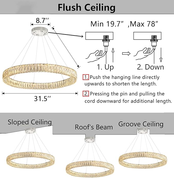 HAIXIANG Modern Crystal Chandelier Dimmable LED Ring Pendant Chandeliers Light Adjustable Glam Hanging Lighting Fixtures for Dining Room Living Room Bedroom Silver Light