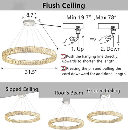 HAIXIANG Modern Crystal Chandelier Dimmable LED Ring Pendant Chandeliers Light Adjustable Glam Hanging Lighting Fixtures for Dining Room Living Room Bedroom Silver Light