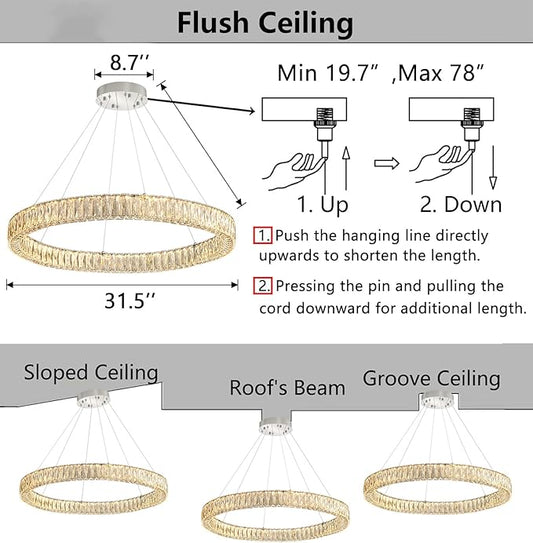 HAIXIANG Modern Crystal Chandelier Dimmable LED Ring Pendant Chandeliers Light Adjustable Glam Hanging Lighting Fixtures for Dining Room Living Room Bedroom Silver Light