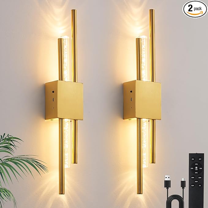 Battery Operated Wall Sconces Set of Two, Rechargeble Modern Crystal Bathroom Wall Sconces, 3000K-6000K Dimmable Gold LED Wireless Wall Lights for Vanity Bedroom Living Room Hallway 19.7in