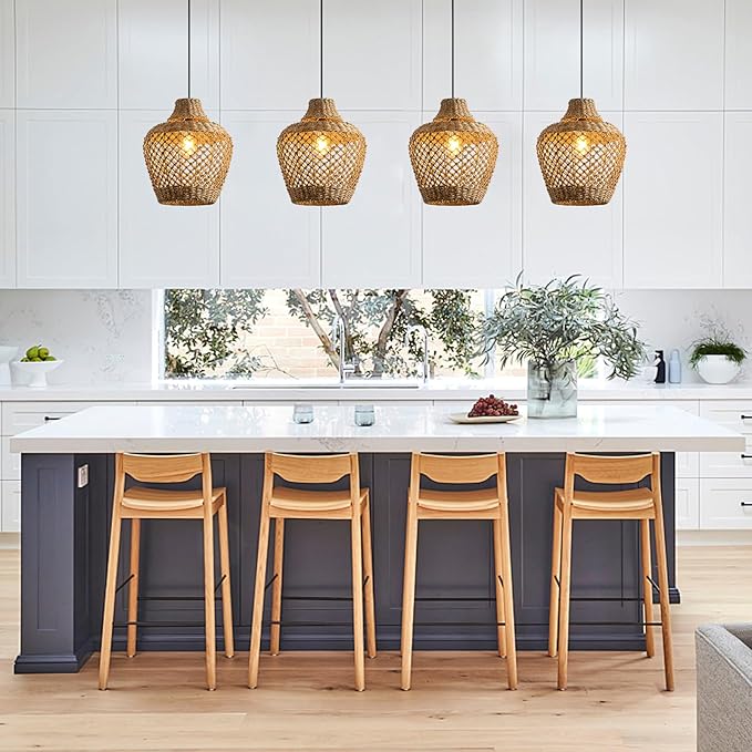 Brown Rattan Pendant Lights Kitchen Island 11.8in Boho Wicker Light Fixture Farmhouse Woven Chandelier Rustic Hanging Lighting for Bedroom Dining Room Restaurant Entryway Hallway Bar