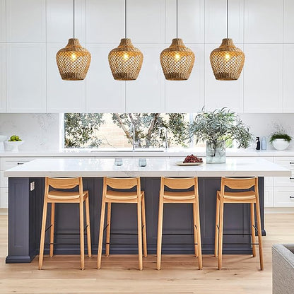 Brown Rattan Pendant Lights Kitchen Island 11.8in Boho Wicker Light Fixture Farmhouse Woven Chandelier Rustic Hanging Lighting for Bedroom Dining Room Restaurant Entryway Hallway Bar