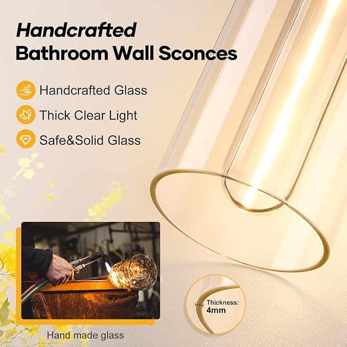 Wall Sconces Set of Two,Matte Black Bathroom Sconces with Clear Glass, Hardwired Sconces Wall Decor Set of 2, Modern Wall Vanity Light Fixtures for Bathroom Mirror Bedroom Living Room Hallway