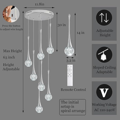 Modern Chrome Crystal Chandelier for Kitchen Island 7-Lights, Luxury Spiral Dimmable LED Bubble Raindrop Pendant Lighting Fixture for Dining Room Foyer Entryway Bedroom