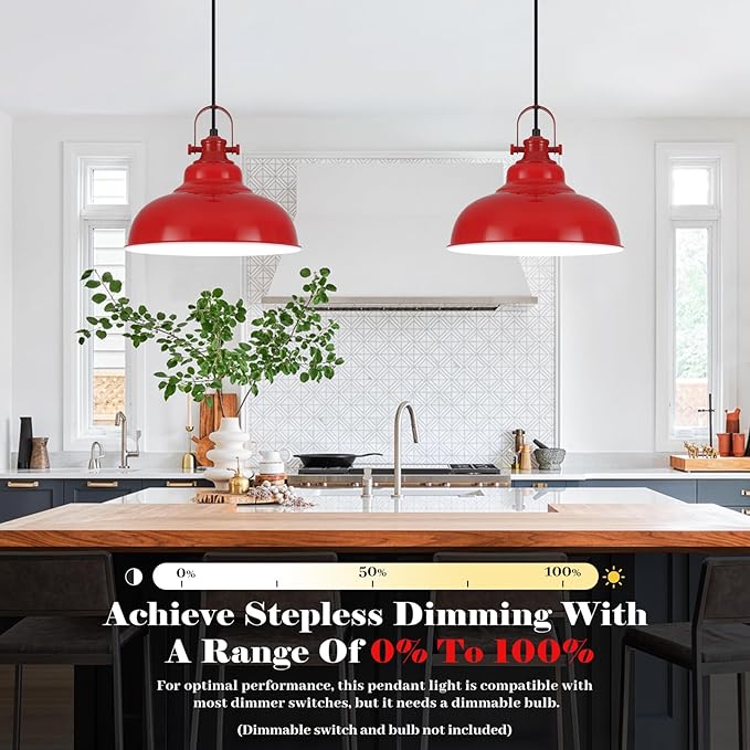 Red Dome Pendant Light, Red Pendant Light Kitchen Island 3 Pack, 11.41 Inch Farmhouse Pendant Lights, Hanging Light Fixture for Kitchen Island, Dining Room, Living Room