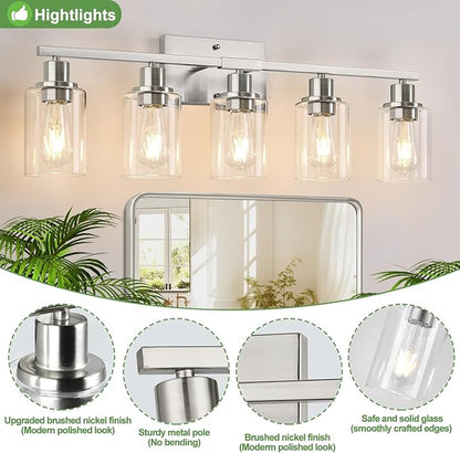 Indoi 5-Light Bathroom Light Fixtures, Brushed Nickel Bathroom Vanity Light with Clear Glass Shades, Modern Bathroom Wall Lamp for Mirror Living Room Cabinet Bedroom Porch