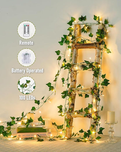 JMEXSUSS 100 LED Vines with Lights Plug in, Ivy Vines with Fairy Lights with Remote, 33 FT Leaf String Lights Waterproof for Room Bedroom Wall Fireplace Wedding Decoration（Warm White）