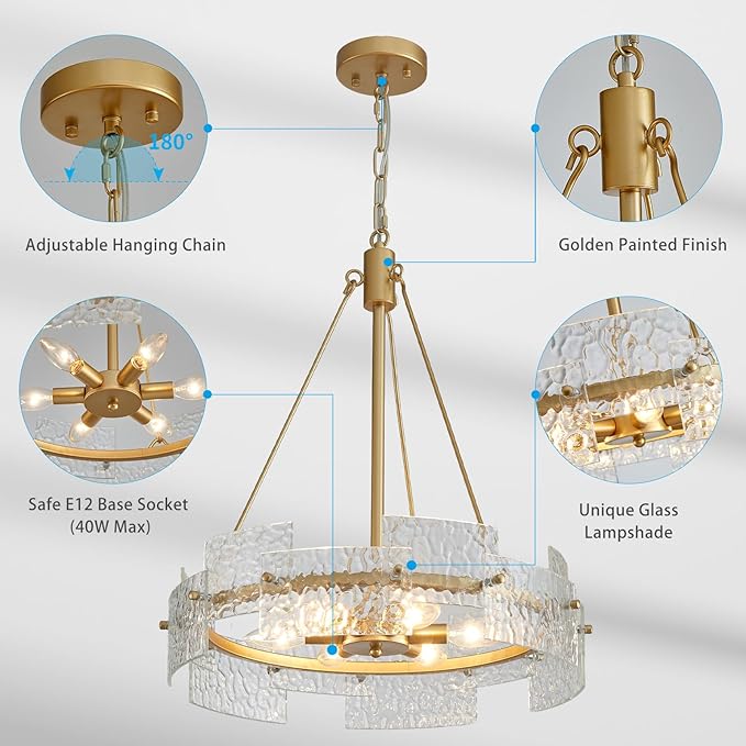 XINGQI 6-Light Modern Gold Glass Chandelier 19.7" Drum Light Fixture Round Water Ripple Pendant Lighting for Dining Room Living Room Kitchen Island Office