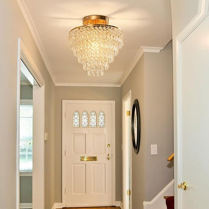 FRIXCHUR 11.8" Crystal Chandelier Gold Flush Mount Ceiling Light 5 Tiers Raindrops Crystals Pendant Lighting Fixture for Bedroom Hallway Living Room E26 Base