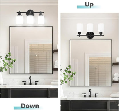 3-Light Black Bathroom Light Fixtures, Modern Vanity Lights Over Mirror, Bathroom Wall Sconces with White Glass Shade, E26 Socket, 15.75" Compact Vanity Light Fixtures