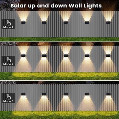 Fence Lights Solar Powered, 2-Pack Solar Fence Lights Up/Down Flexible Buttons, IP67 Waterproof for Outdoor, 100LM Bright, Auto Dusk to Dawn for Wall/Stairs/Yard/Railing/Deck/Pathway (Warm White)