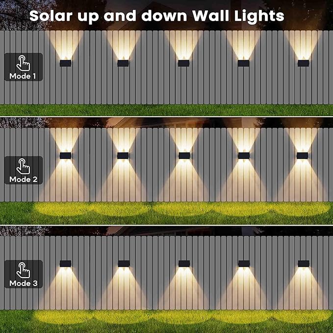 Fence Lights Solar Powered, 8-Pack Solar Fence Lights Up/Down Flexible Buttons, IP67 Waterproof for Outdoor, 100LM Bright, Auto Dusk to Dawn for Wall/Stairs/Yard/Railing/Deck/Pathway (Warm White)