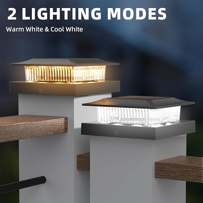 4x4 Solar Post Cap Lights 12 Pack, Fence Post Solar Lights with Warm White/Cool White, Only Fit 4x4 Wood/Vinyl Posts, Waterproof Outdoor Deck Post Light for Deck, Fence, Porch(Black)