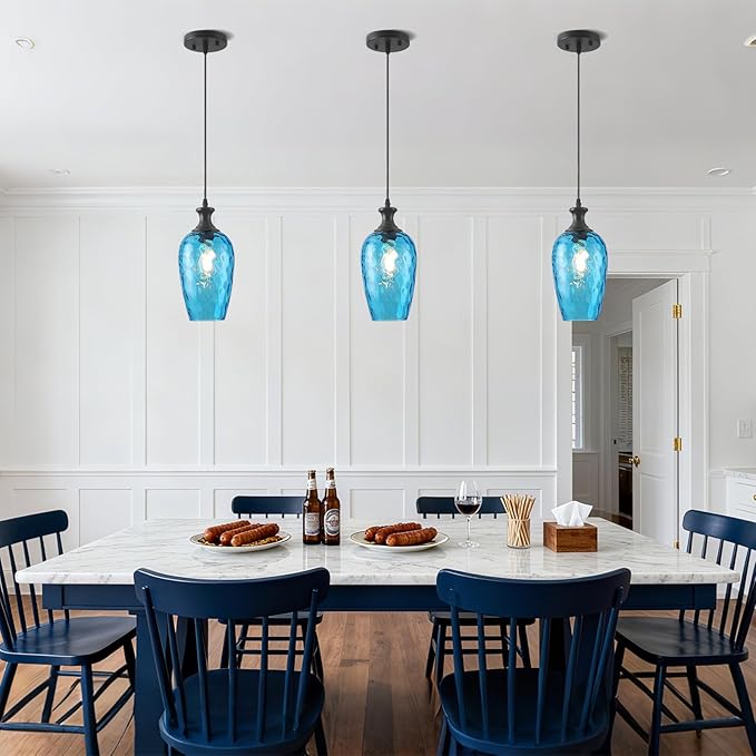 Pendant Lights Kitchen Island 2 Pack, Blue Glass Pendant Light Fixtures with Hammered Glass, Modern Hanging Light for Kitchen Sink Dining Room Bedroom