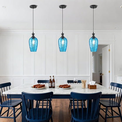 Pendant Lights Kitchen Island 2 Pack, Blue Glass Pendant Light Fixtures with Hammered Glass, Modern Hanging Light for Kitchen Sink Dining Room Bedroom