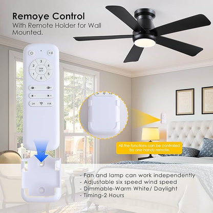 Hounberi 46 Inch Low Profile Ceiling Fan with Light, Modern Flush Mount Ceiling Fans for Low Ceilings, Quiet DC Motor Bedroom Fan, 3CCT Dimmable, Reversible Blades, High Airflow, Energy Saving, Black