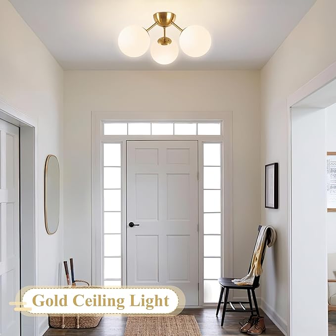 Bagood Mid-Century Modern Semi Flush Mount Ceiling Light 3 Lights Opal Glass Modern Globe Ceiling Light Gold Brass Sputnik Chandeliers for Hallway Entryway Kitchen Bedroom Laundry(Bulb Incl.)