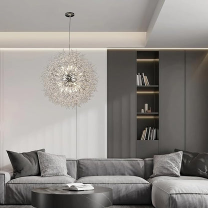 Large Sputnik Chandelier, Round Firework Hanging Lamp, Dandelion Farmhouse 24-Light, Modern Crystal Pendant Light Fixture for Living Room Kitchen Island Bedroom Dining Room (Chrome, D39.3inch)