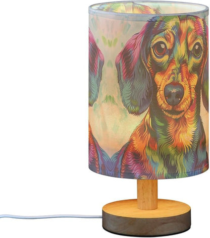 Table Lamp Colorful Dachshund Puppy Nightstand Lamp with Wood Base Fabric Lamp Shade Bedside Desk Lamp for Living Room Bedroom Kids Room Office