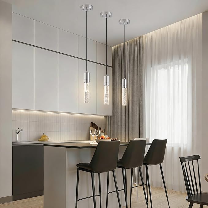 Brushed Nickel Pendant Lights Kitchen Island, Crystal Bubble Pendant Lights, Adjustable Modern Pendant Light Fixtures for Dining Living Room Bedroom 3 Pack