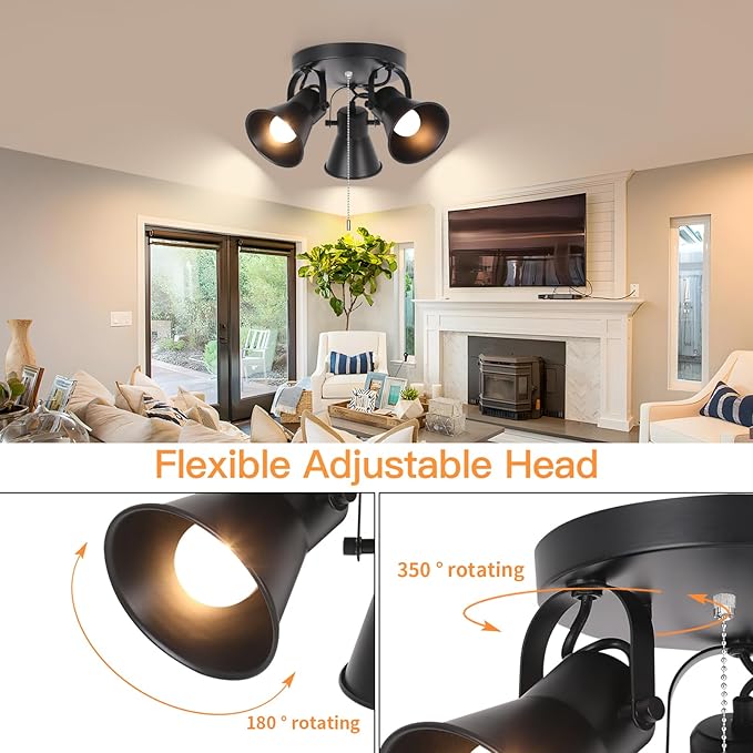 3-Light Industrial Track Lighting with Pull Chain On/Off Switch, Adjustable Round Kitchen Ceiling Light, Morden Black Flush Mount Directional Light for Kitchen, Hallway, Dining Room, Bathroom