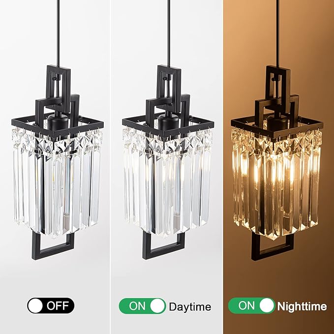 Modern Black Pendant Light Fixtures for Kitchen Island and Dining Room, Industrial Small Hanging Crystal Chandelier Light Fixture for Bedroom Entryway Living Room Foyer Hallway 3-Pack