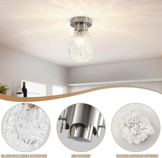 BUXVRCS Semi Flush Mount Ceiling Light Silver, Hammered Glass Hallway Ceiling Light Fixture, Small Vintage Close to Ceiling Light for Living Room Bedroom Bathroom Kitchen Entryway with E26 Base