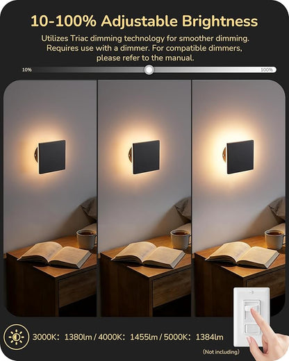 EDISHINE 2 Pack LED Wall Lights Outdoor Indoor, 3000K-5000K Dimmable Wall Sconce, 360° Backlit Square Modern Exterior Lighting Fixtures, IP65 Waterproof Aluminum Outside Porch Light, Black