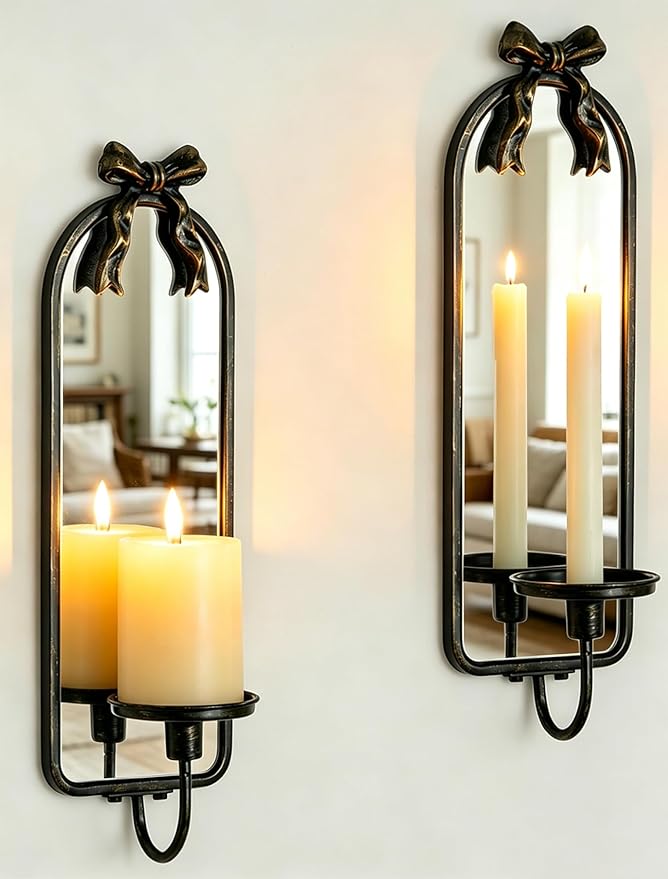 Candle Sconces Black Wall Decor: Set of 2 Metal Wall Candle Holder Decorative for Taper Pillar Candles - Vintage Bow Mirror Sconces Art for Fireplace Bathroom Livingroom