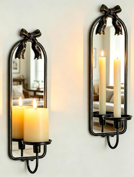 Candle Sconces Black Wall Decor: Set of 2 Metal Wall Candle Holder Decorative for Taper Pillar Candles - Vintage Bow Mirror Sconces Art for Fireplace Bathroom Livingroom