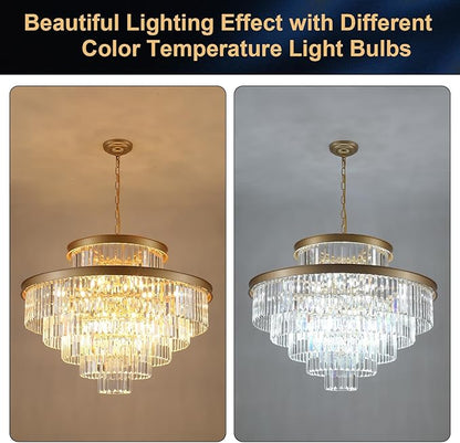 6-Tier Large Gold Crystal Chandeliers 35" Modern Luxury Chandeliers for Staircase K9 Crystal High Ceiling Chandelier 22-Light Round Hanging Pendant Light Fixture for Living Room Entryway Foyer