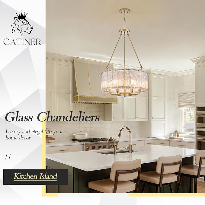 CATINER 20" Crystal Glass Chandelier Modern 6-Light Gold Drum Chandeliers Luxury Ceiling Pendant Lighting for Entryway Foyer Dining Room Bedroom Kitchen