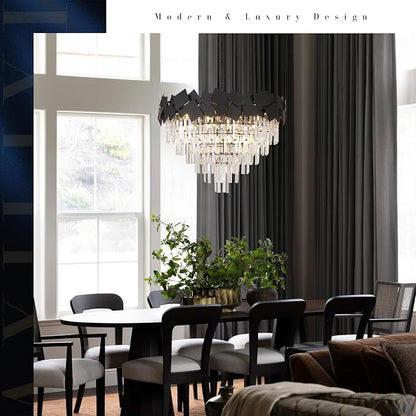 A AXILIXI Modern Large Crystal Chandeliers 30'' Black Round Chandeliers for High Ceiling K9 6-Tier Large Brass Ceiling Chandelier Light Fixtures Luxury Chandelier for Staircase Foyer Living Room