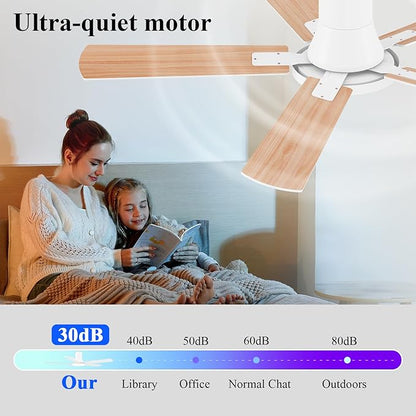 SNJ 52 Inch White Ceiling Fans with Lights and Remote,Flush Mount Low Profile 5 Blades Ceiling Fan,Dimmable Quiet Reversible DC Motor for,Living Room,Bedroom and Patio
