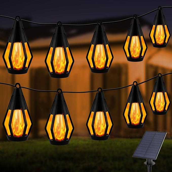 Solar String Lights Outdoor, 41FT Patio Lights with 15 Flickering Flame LED Bulbs, Waterproof Hanging Solar String Light for Outside Garden Backyard Gazebo Porch Patio Bistro Party Decorations
