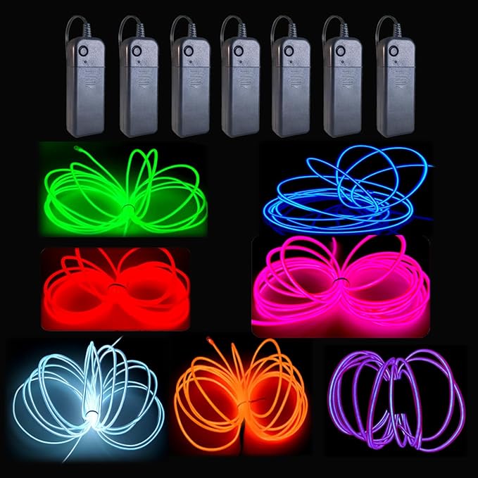 MaxLax EL Wire 7 Pack, 16.4ft Neon Light Wire Noise Reduction with Battery Pack(7 Color)… (16.4ft)…