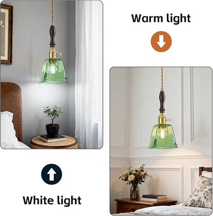 Green Glass Vintage Pendant Light Height Adjustable Handmade Glass Pendant Lights Kitchen Island Gold Hanging Light Fixture with Wood Handle for Bedroom Dining Room Hotel (3 Pack)