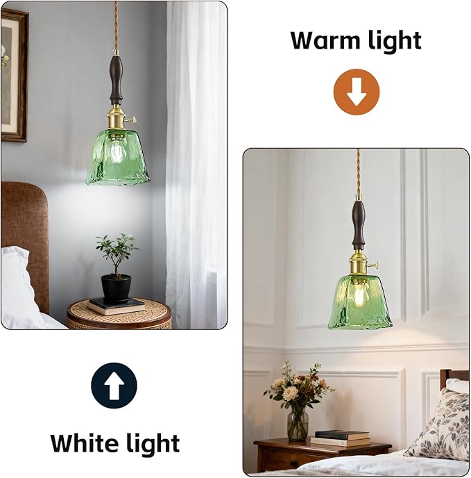 Green Glass Vintage Pendant Light Height Adjustable Handmade Glass Pendant Lights Kitchen Island Gold Hanging Light Fixture with Wood Handle for Bedroom Dining Room Hotel (2 Pack)