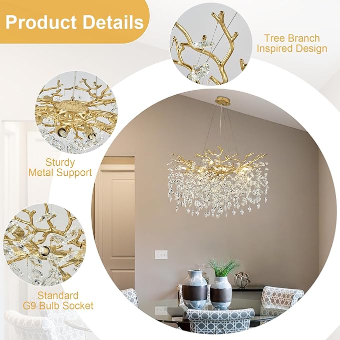 Gold Crystal Tree Branches Chandelier,23" Modern Round Crystal Chandeliers for Dining Room, K9 Crystal Lighting Fixture Chandelier for Bedroom, Living Room, Foyer,Kitchen Island,Bathroom